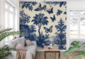 Blue Toile de Jouy wallpaper in an elegant living room, showing butterflies and botanical patterns