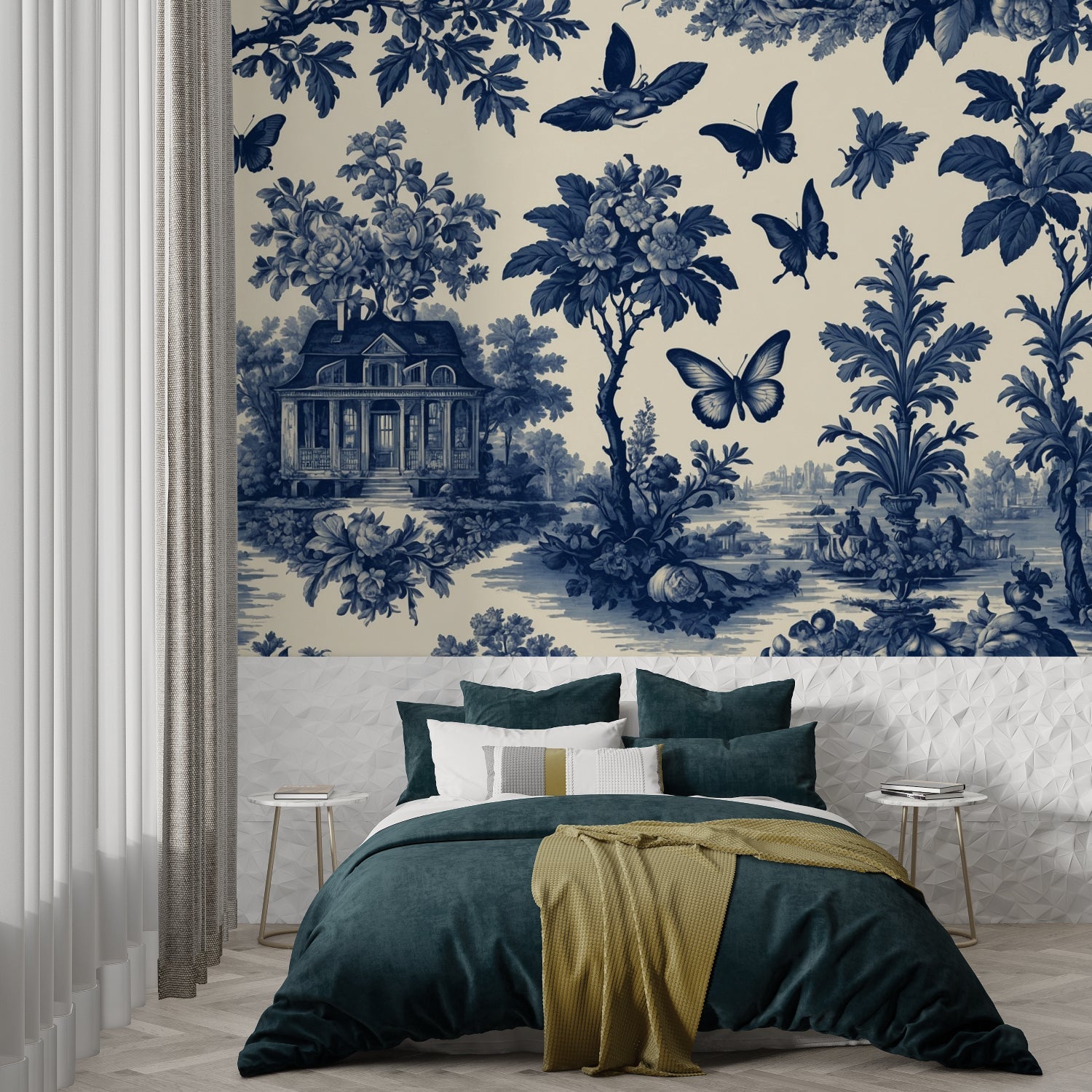 Classic blue Toile de Jouy mural in a master bedroom setting
