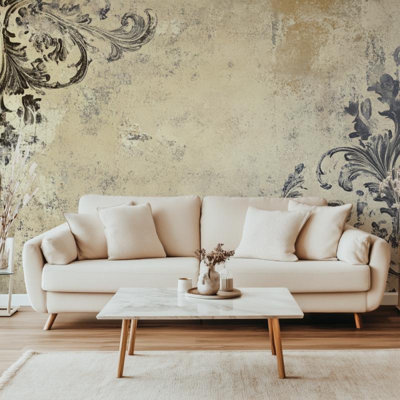 Vintage ornamental wallpaper in elegant dining room with crystal chandelier and wooden furniture