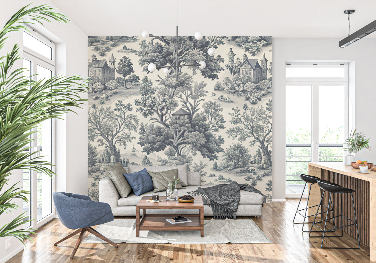 Traditional Toile de Jouy mural adding character to a hallway