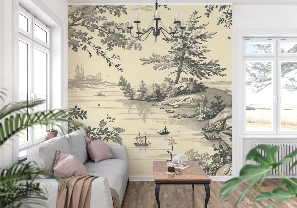 Classic Toile de Jouy wallpaper in an elegant dining room with traditional furniture
