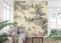 Classic Toile de Jouy wallpaper in an elegant dining room with traditional furniture