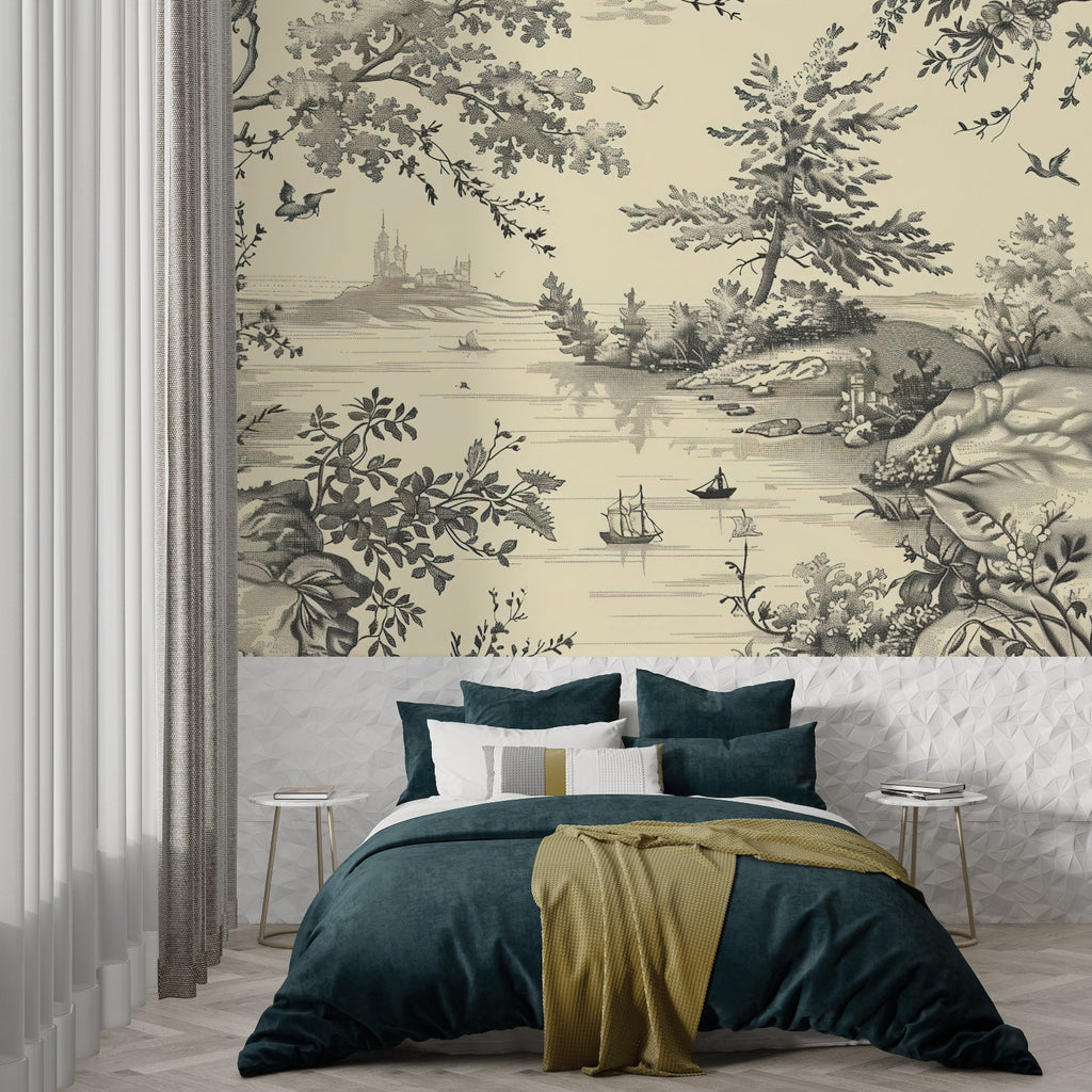 Vintage Toile wallpaper creating depth in a modern living room setting
