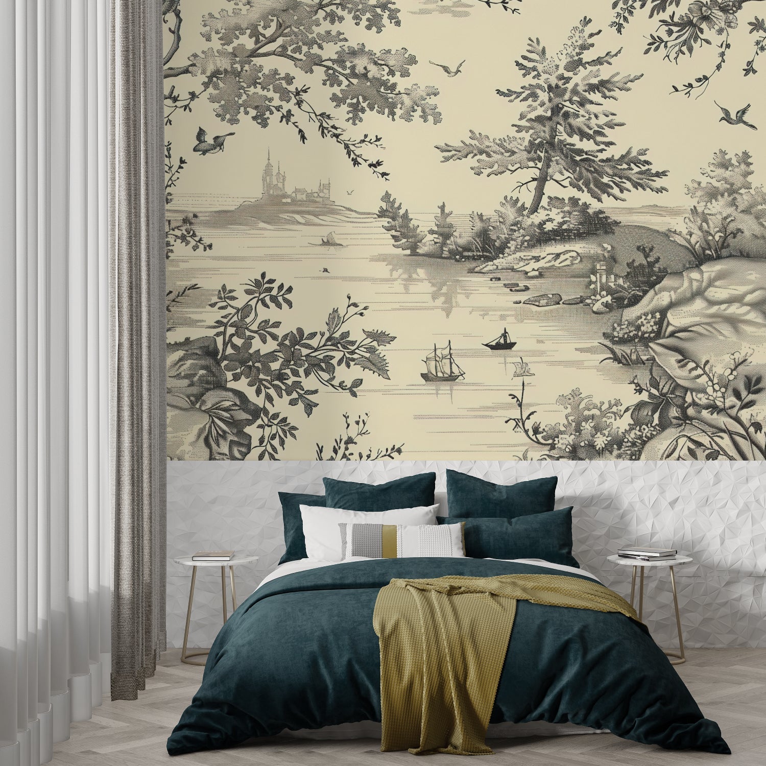 Vintage Toile wallpaper creating depth in a modern living room setting