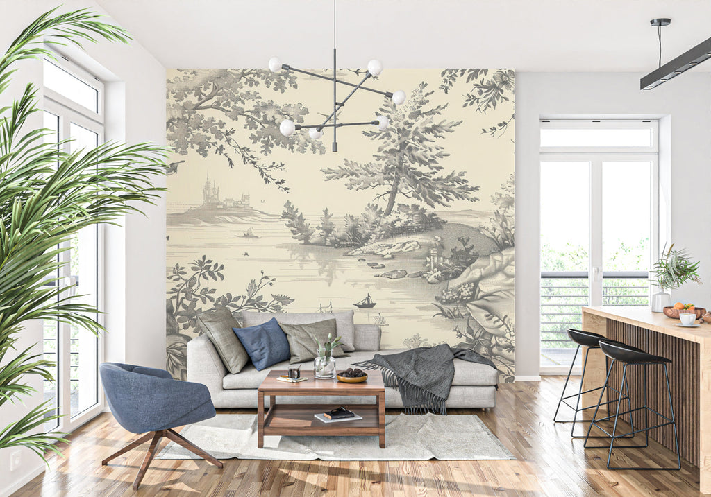 French Toile de Jouy mural in a sophisticated master bedroom
