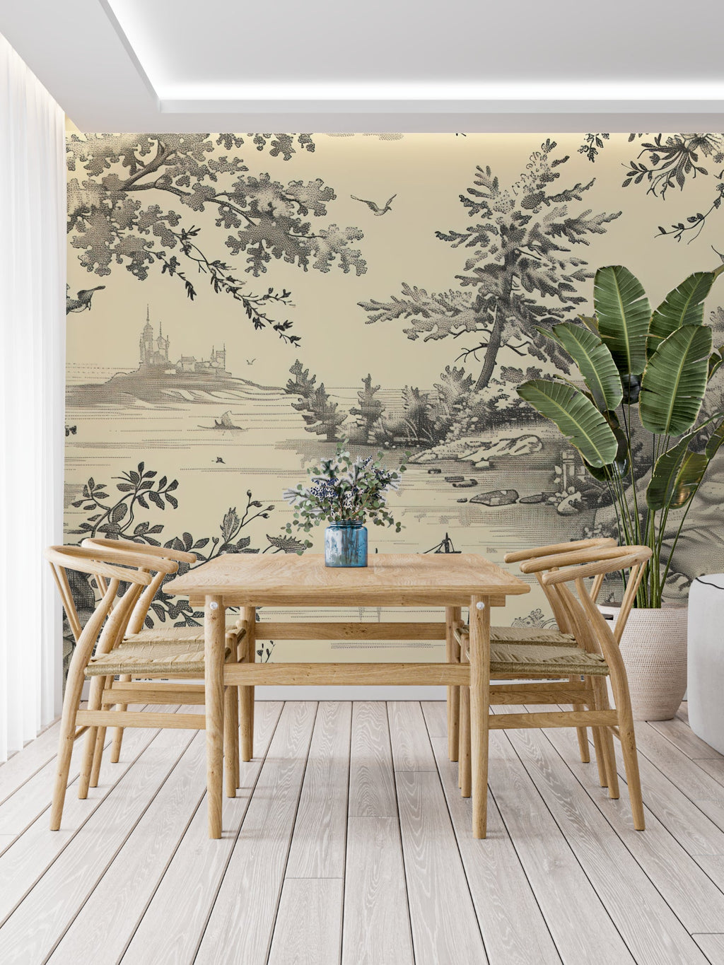 Traditional Toile de Jouy pattern enhancing an entryway with vintage charm
