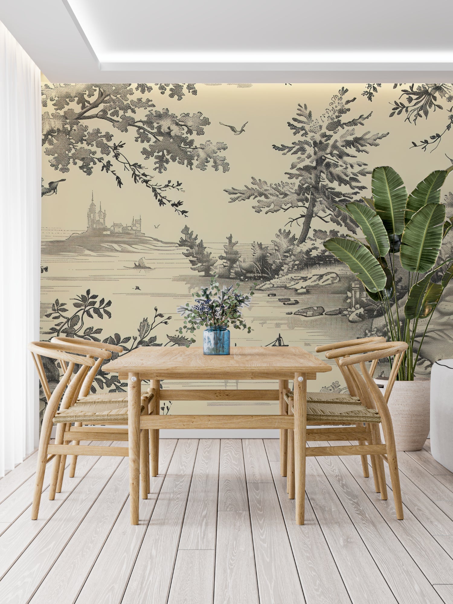 Traditional Toile de Jouy pattern enhancing an entryway with vintage charm