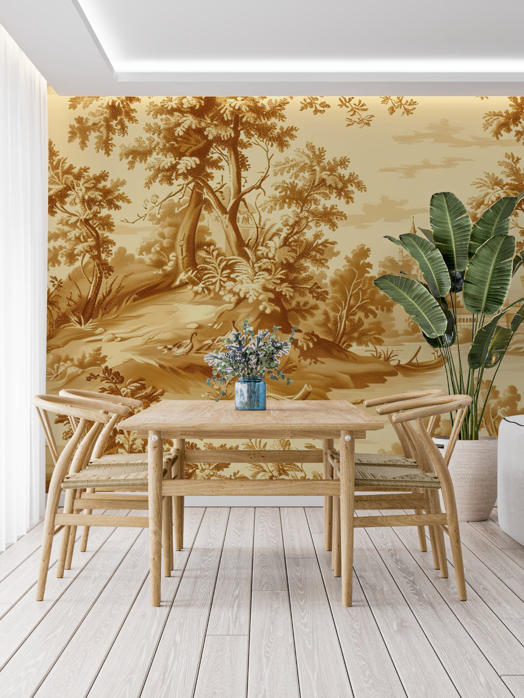 Gold Toile de Jouy mural wallpaper adding sophistication to a master bedroom