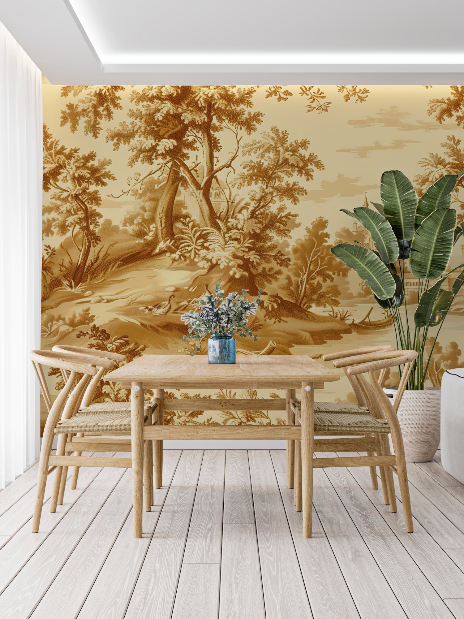 Gold Toile de Jouy mural wallpaper adding sophistication to a master bedroom