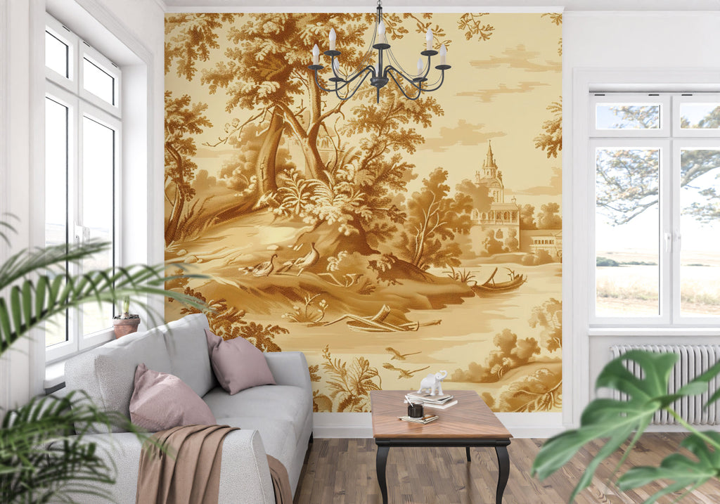 Classic French wallpaper design transforming an entryway with golden hues