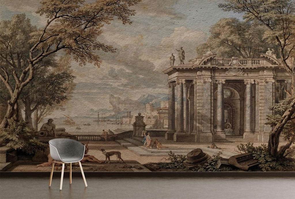 Vintage architectural mural creating depth in a modern living room