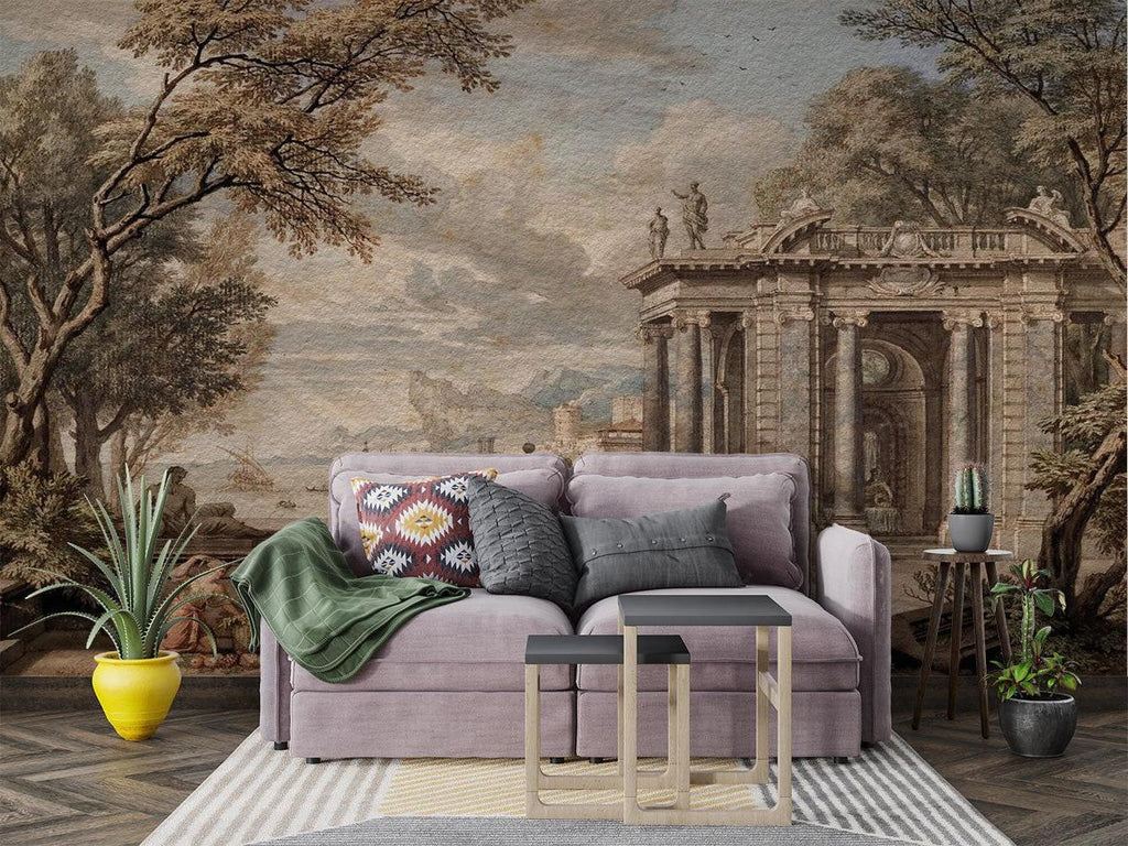 Classic architecture wallpaper bringing character to an entryway