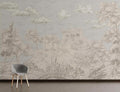 Mediterranean landscape wallpaper in elegant living room with neutral furniture and natural light