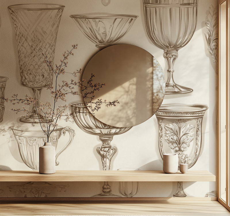 Vintage crystal glassware wallpaper in an elegant dining room with modern furniture