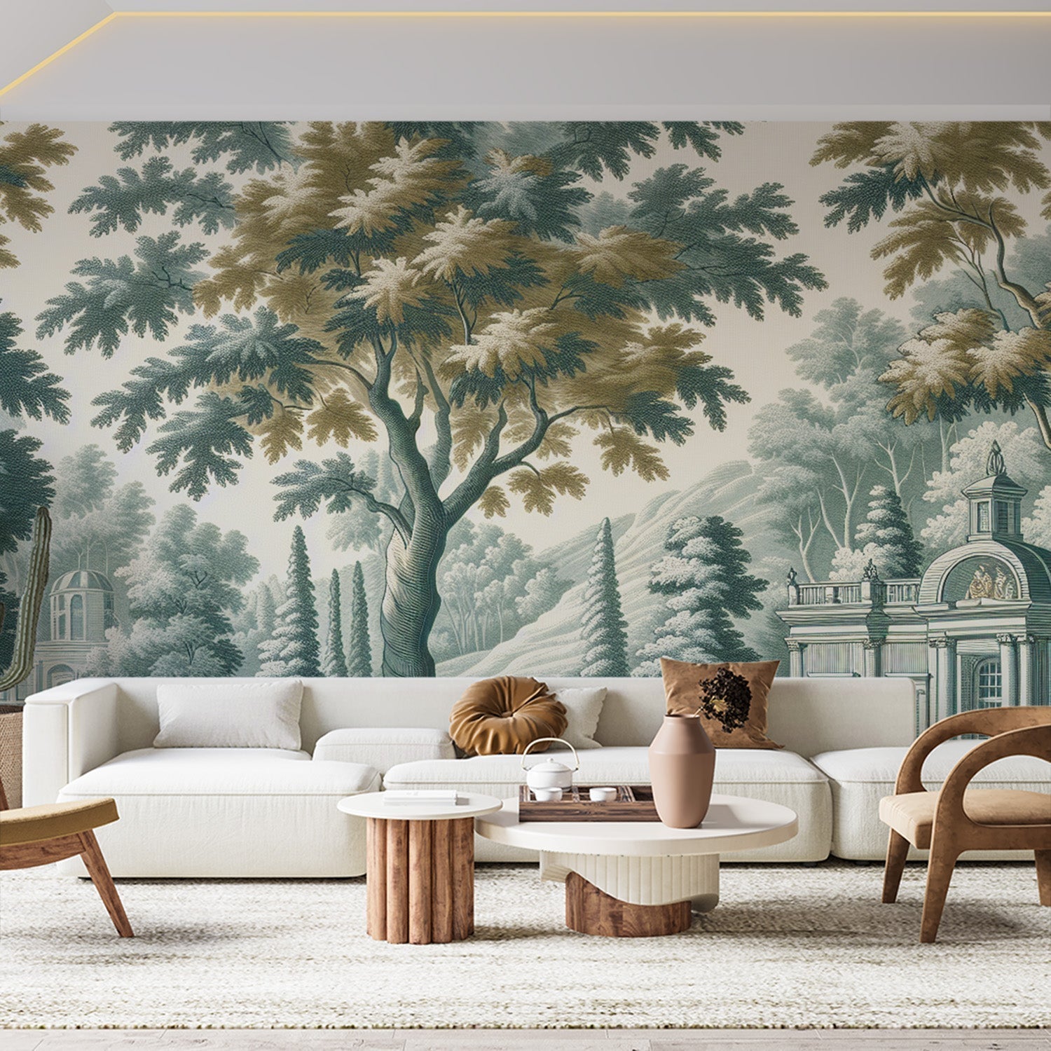 French toile de jouy wallpaper in an elegant dining room, showing pastoral garden scene in teal and beige tones