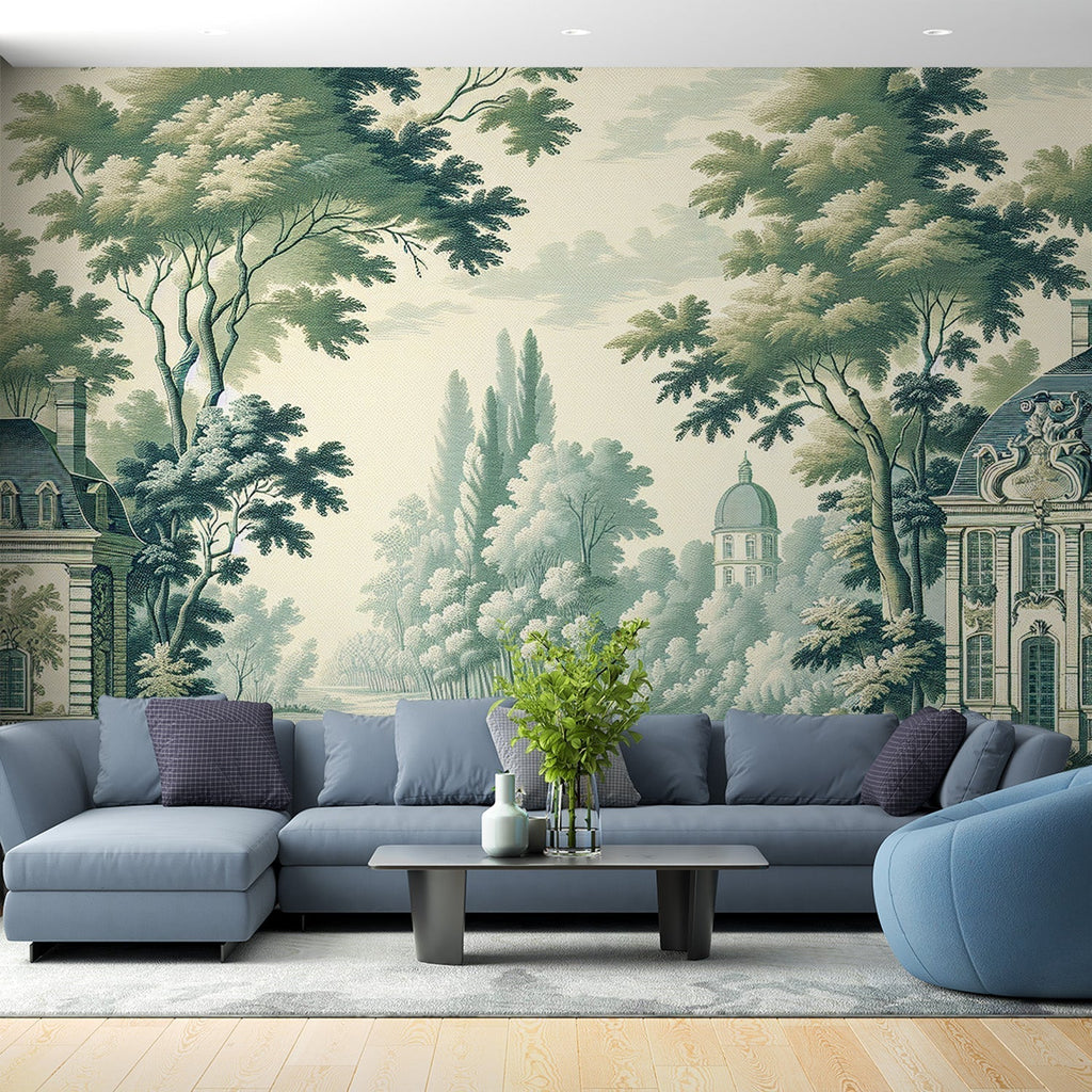 French Toile de Jouy wallpaper in a bright dining room with antique furniture and crystal chandelier