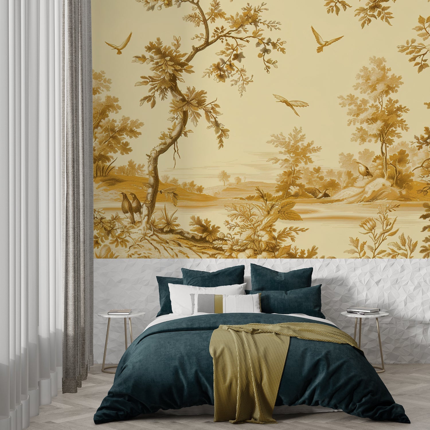 French toile wallpaper creating an elegant feature wall in home office