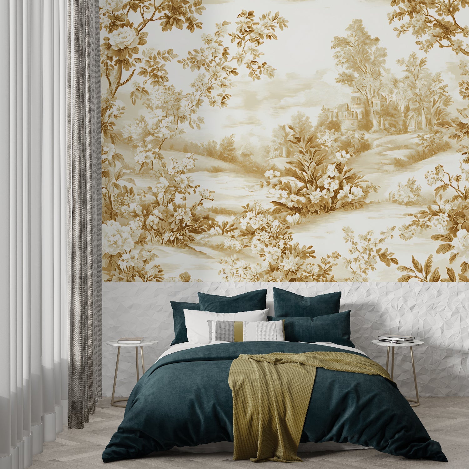 Golden Toile de Jouy wallpaper in elegant living room with French furniture and natural light