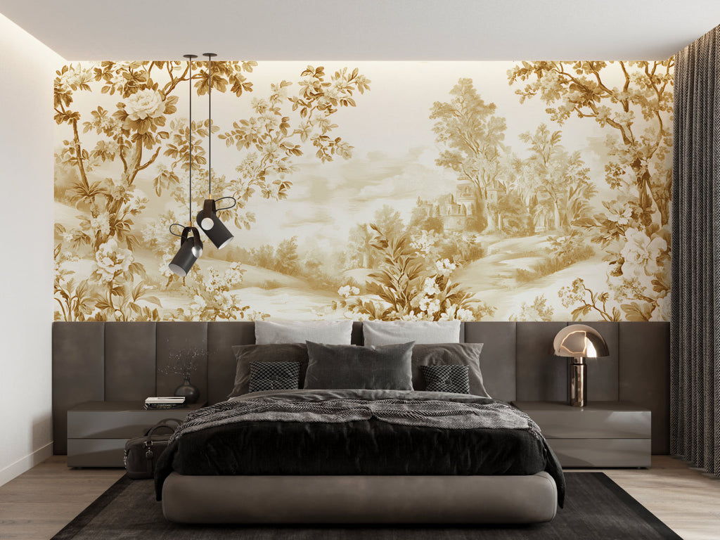 Vintage Toile wallpaper creating charm in a classic dining room with crystal chandelier