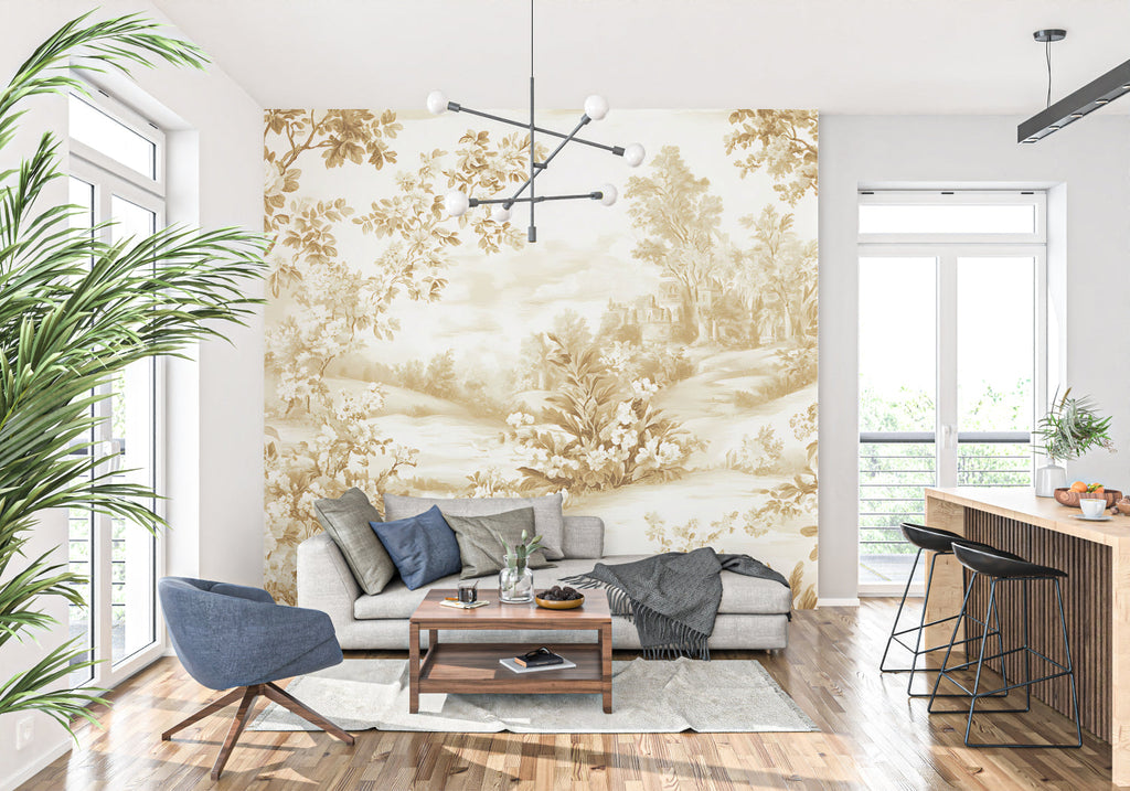 French Toile mural in master bedroom with antique bed frame and soft furnishings