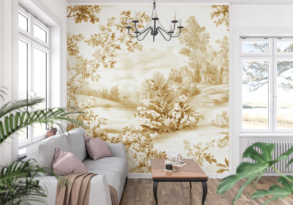 Classic Toile de Jouy mural creating depth in home office with wooden desk