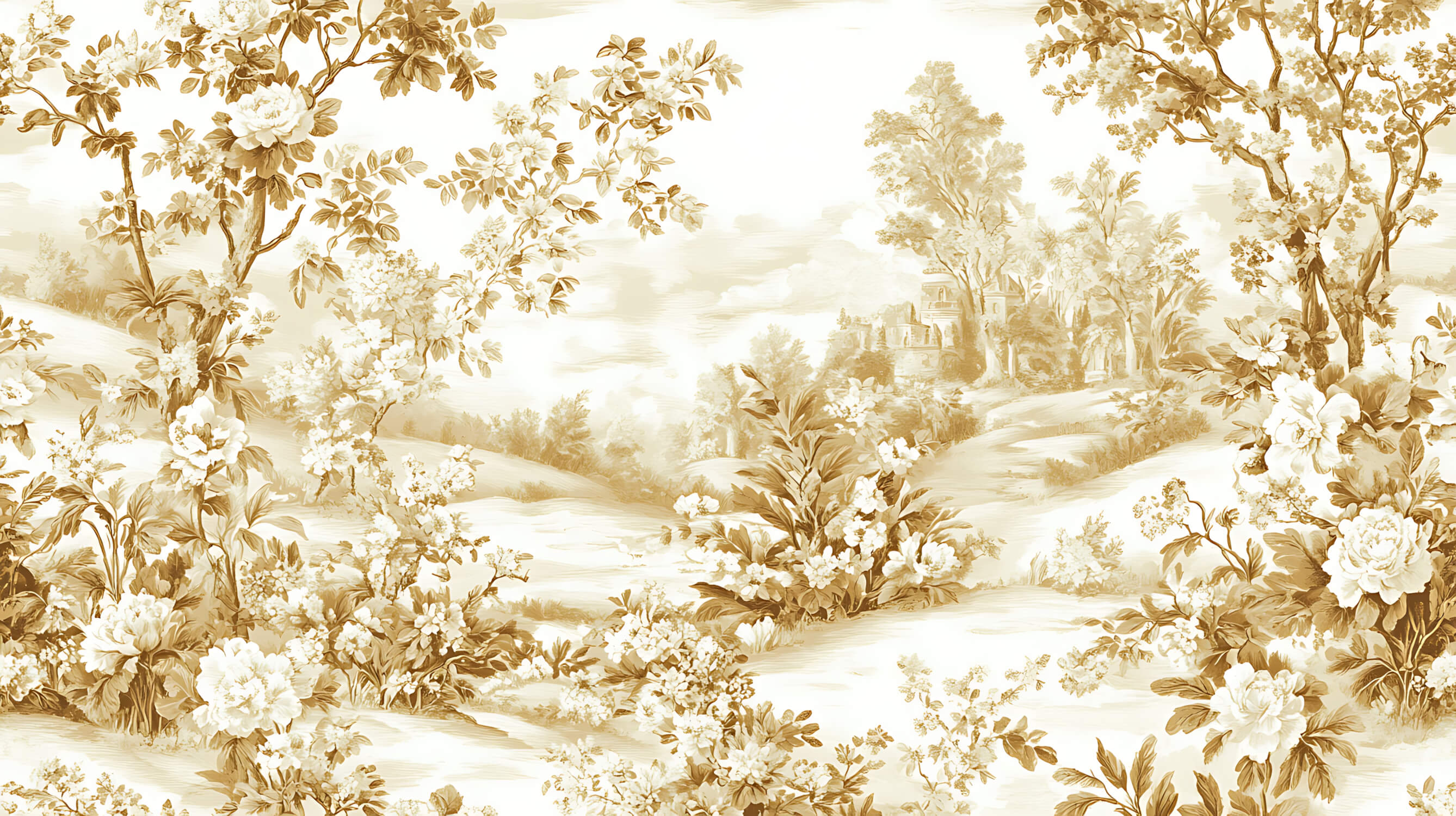 Golden Toile de Jouy landscape design file showing intricate pattern details and pastoral scenes