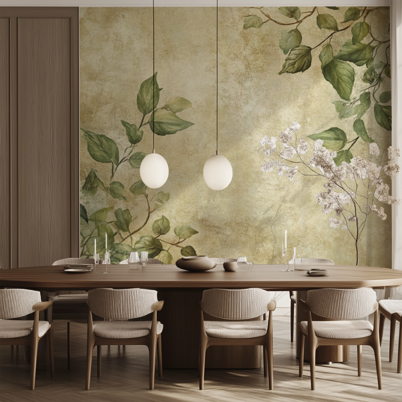 Vintage leaf pattern mural bringing warmth to a cozy bedroom space