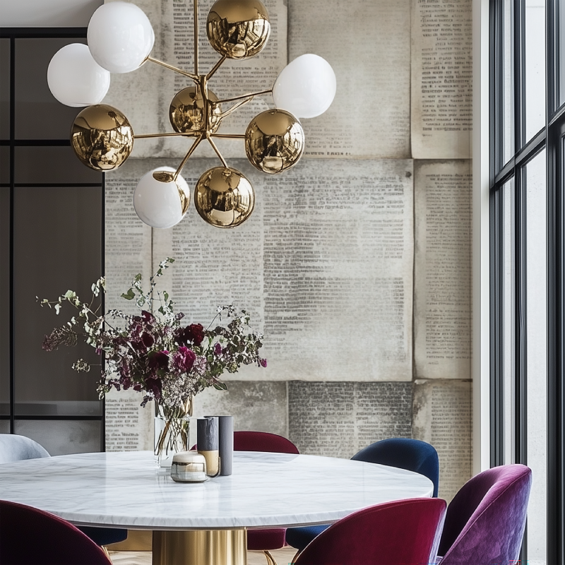 Newspaper wallpaper creating sophisticated backdrop in study room