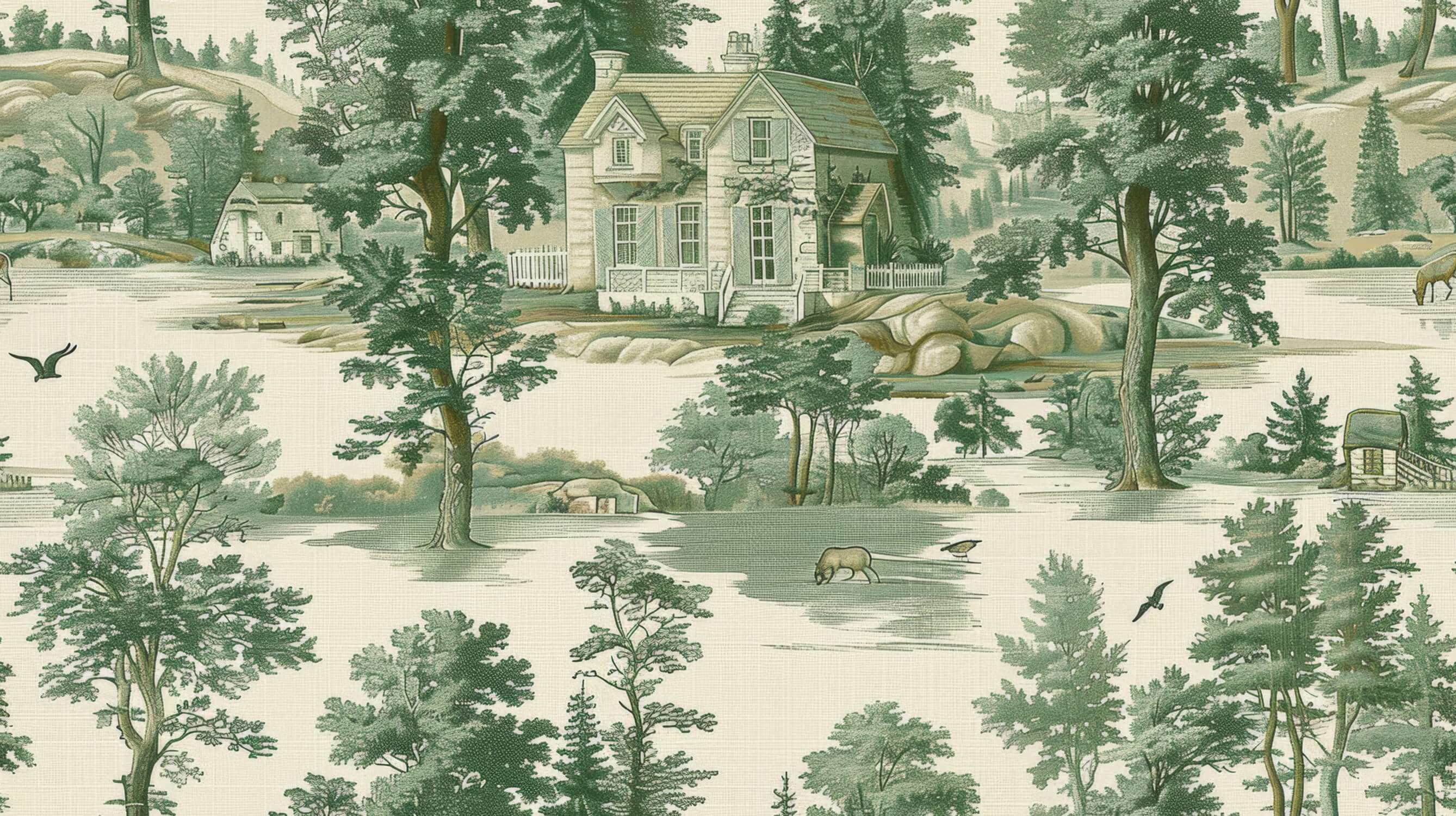 Green Toile de Jouy design file showing detailed pastoral scene pattern