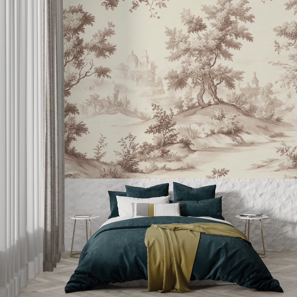 Classic Toile de Jouy mural in a master bedroom, featuring countryside scenes