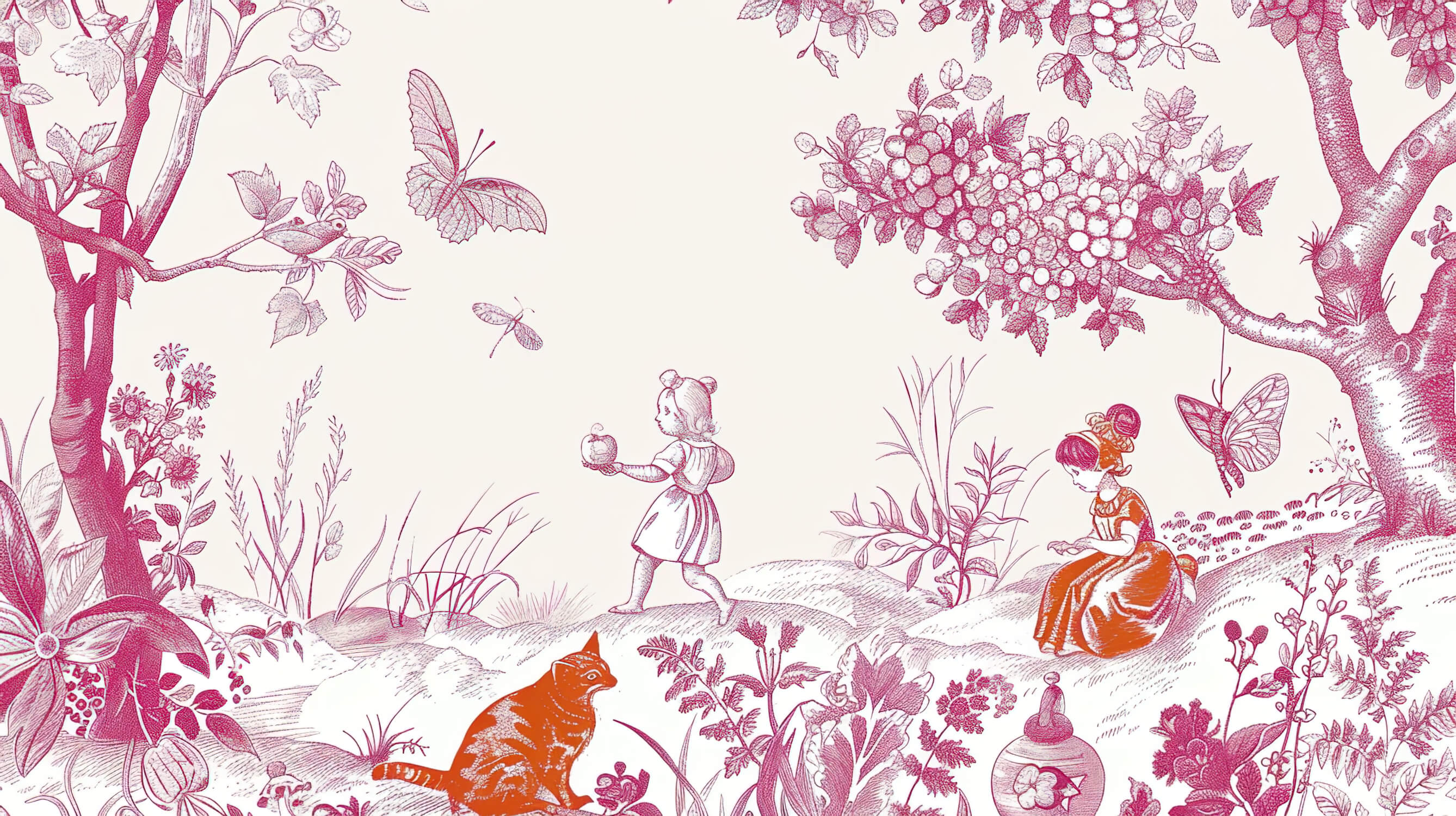 Pink Toile de Jouy garden design file showing intricate pattern detail and butterfly motifs