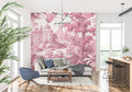 Pink Toile de Jouy wallpaper in elegant dining room showing palace scene detail