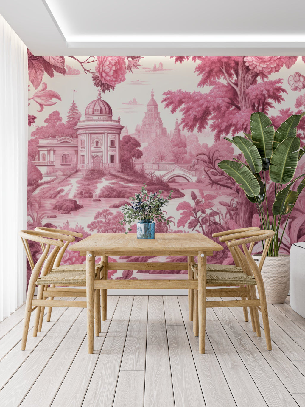 French palace wallpaper mural creating soft pink accent wall in master bedroom