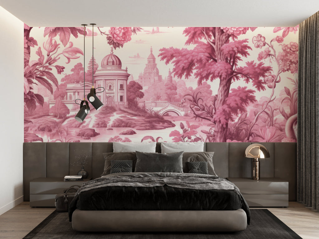 Pink vintage toile wallpaper adding charm to reading nook with window seat