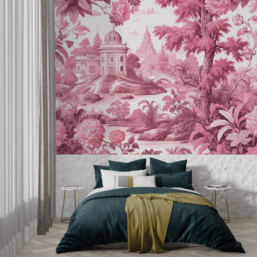 Toile de Jouy pink wallpaper making statement in powder room with gold accents