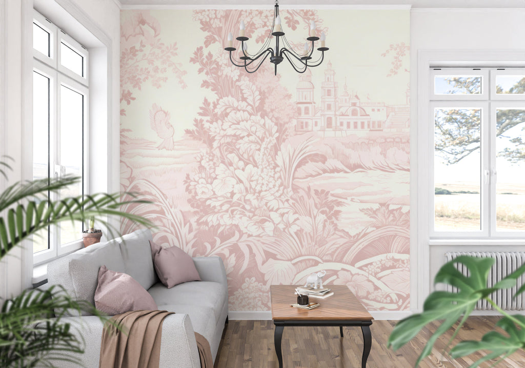 Pink Toile de Jouy wallpaper in an elegant dining room showing pastoral scenes and architectural details