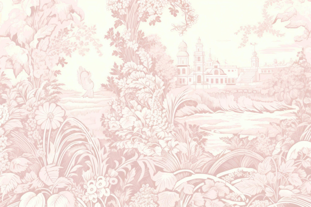 Pink Toile de Jouy pattern design file showing detailed pastoral scenes and architectural elements