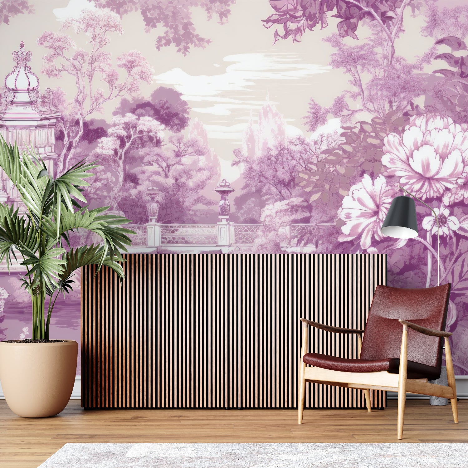 Purple garden scene wallpaper transforming home office with classic French style