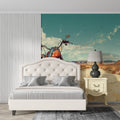 Route 66 motorcycle wallpaper in modern living room showing desert landscape and vintage bike