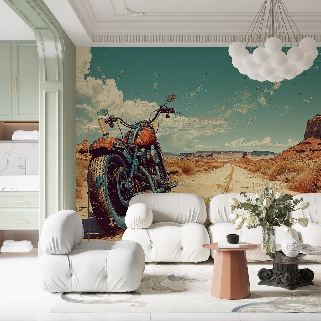 Route 66 desert wallpaper installation in teen bedroom showing full wall impact