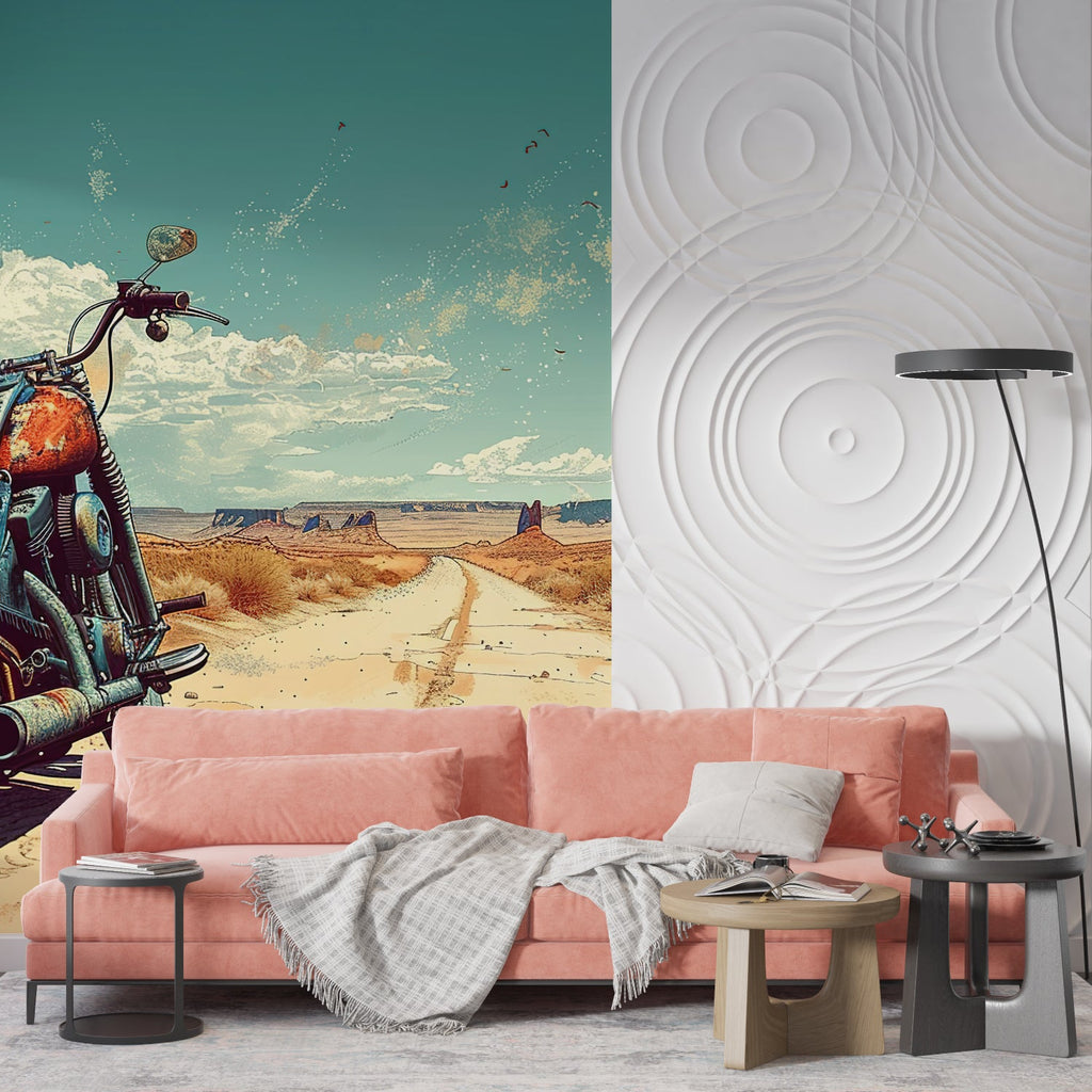 Classic motorcycle wallpaper detail in game room with Monument Valley backdrop