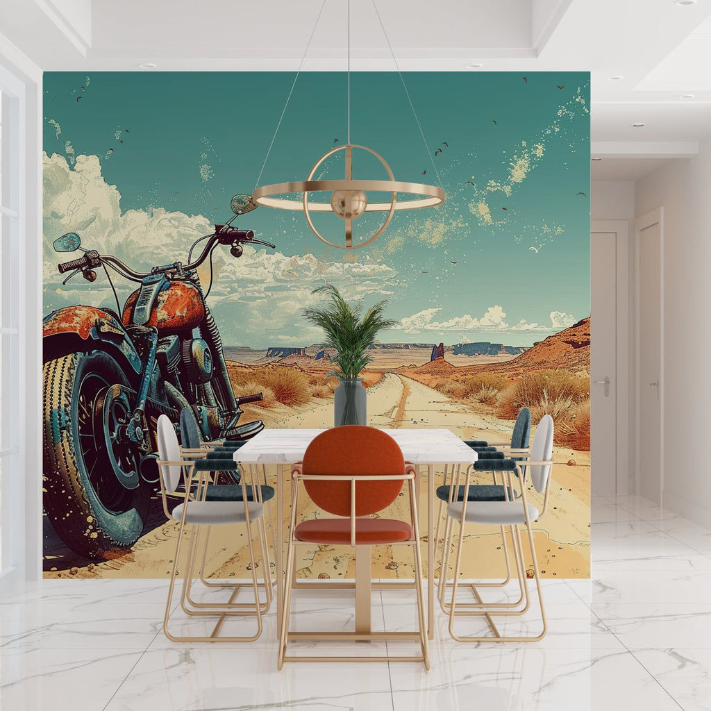 Desert mural with vintage motorcycle displayed in man cave setting