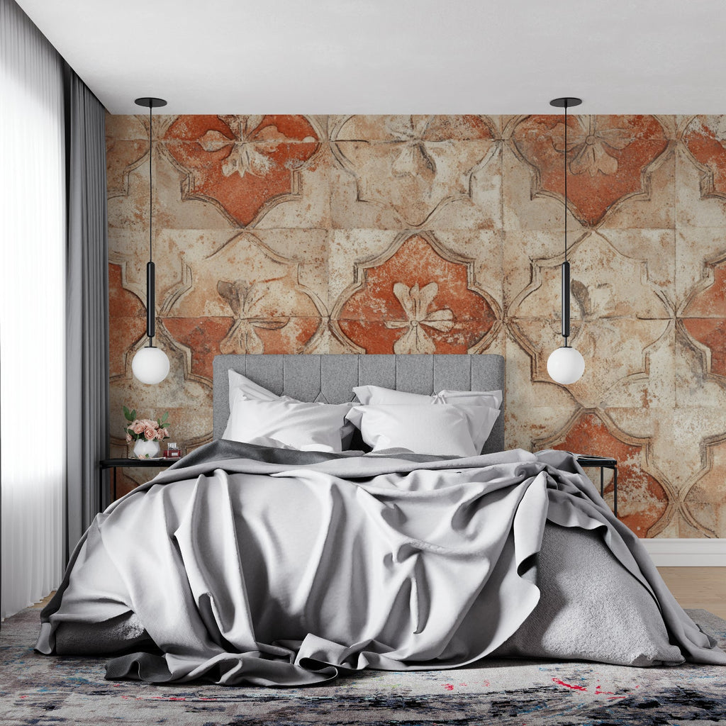 Vintage terracotta tile wallpaper creating a warm Mediterranean atmosphere in a sunny dining room