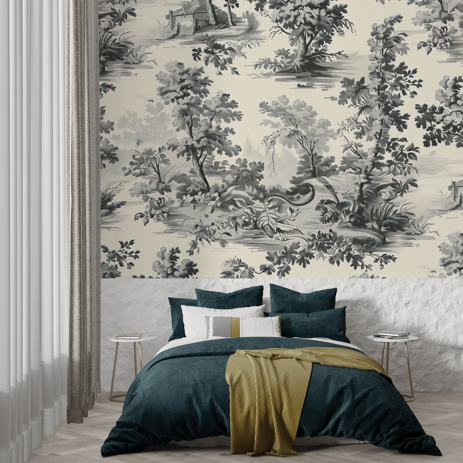 Vintage botanical wallpaper brightening dining room with soft grey tones