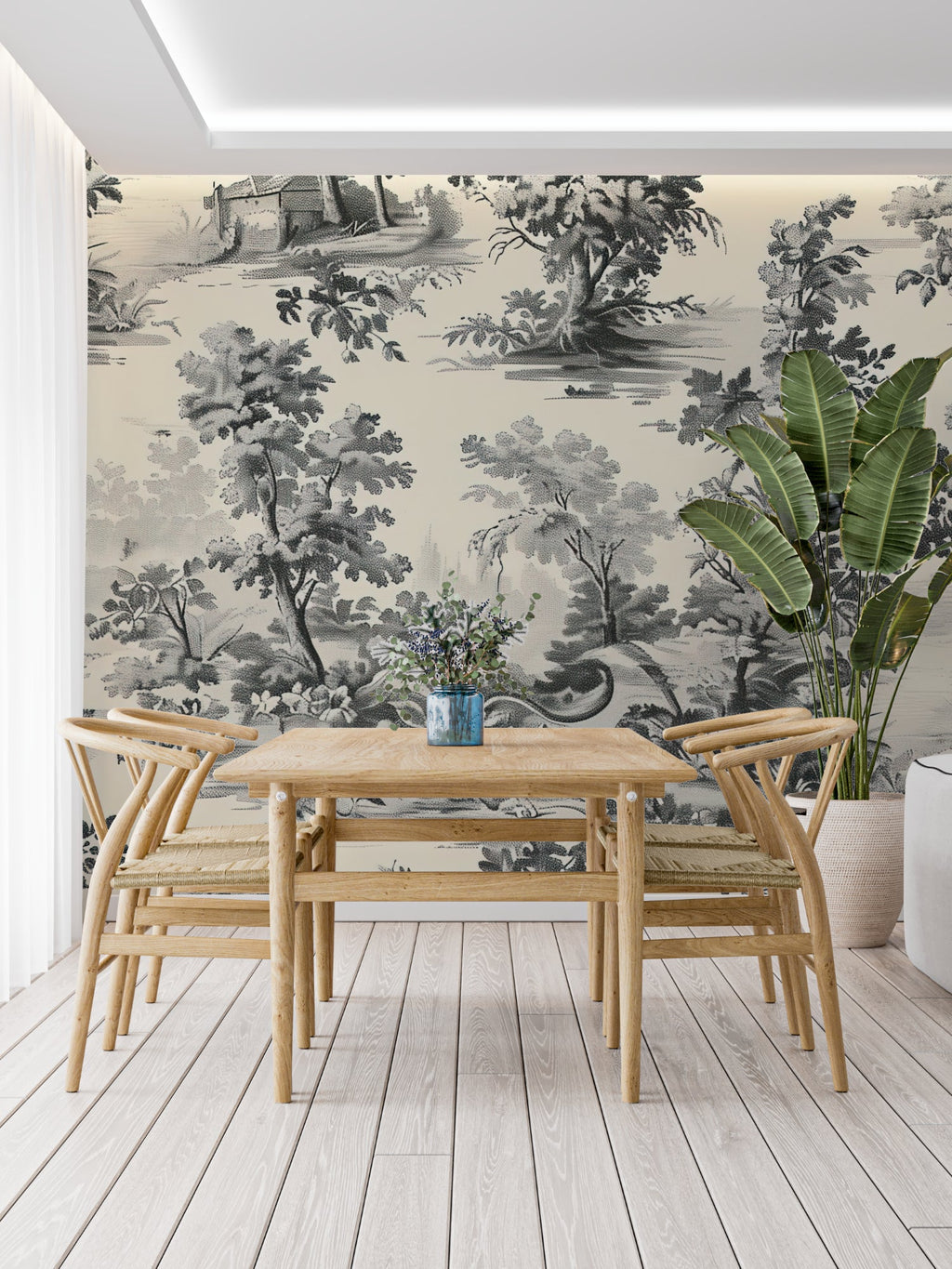 Grey botanical toile pattern adding charm to home office setting