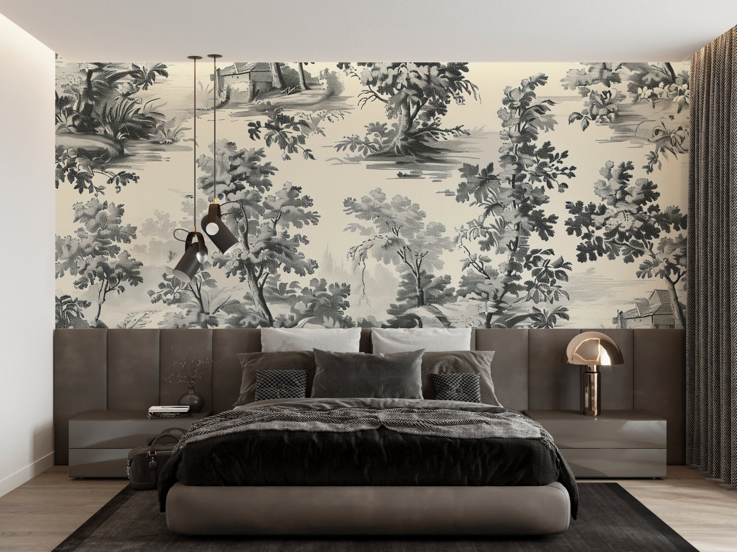 Toile de Jouy wallpaper making statement in hallway with grey botanical scenes