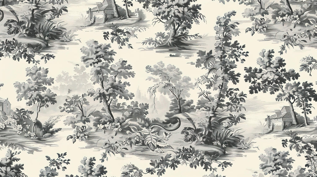 French Toile de Jouy botanical pattern design file showing detailed grey scenes