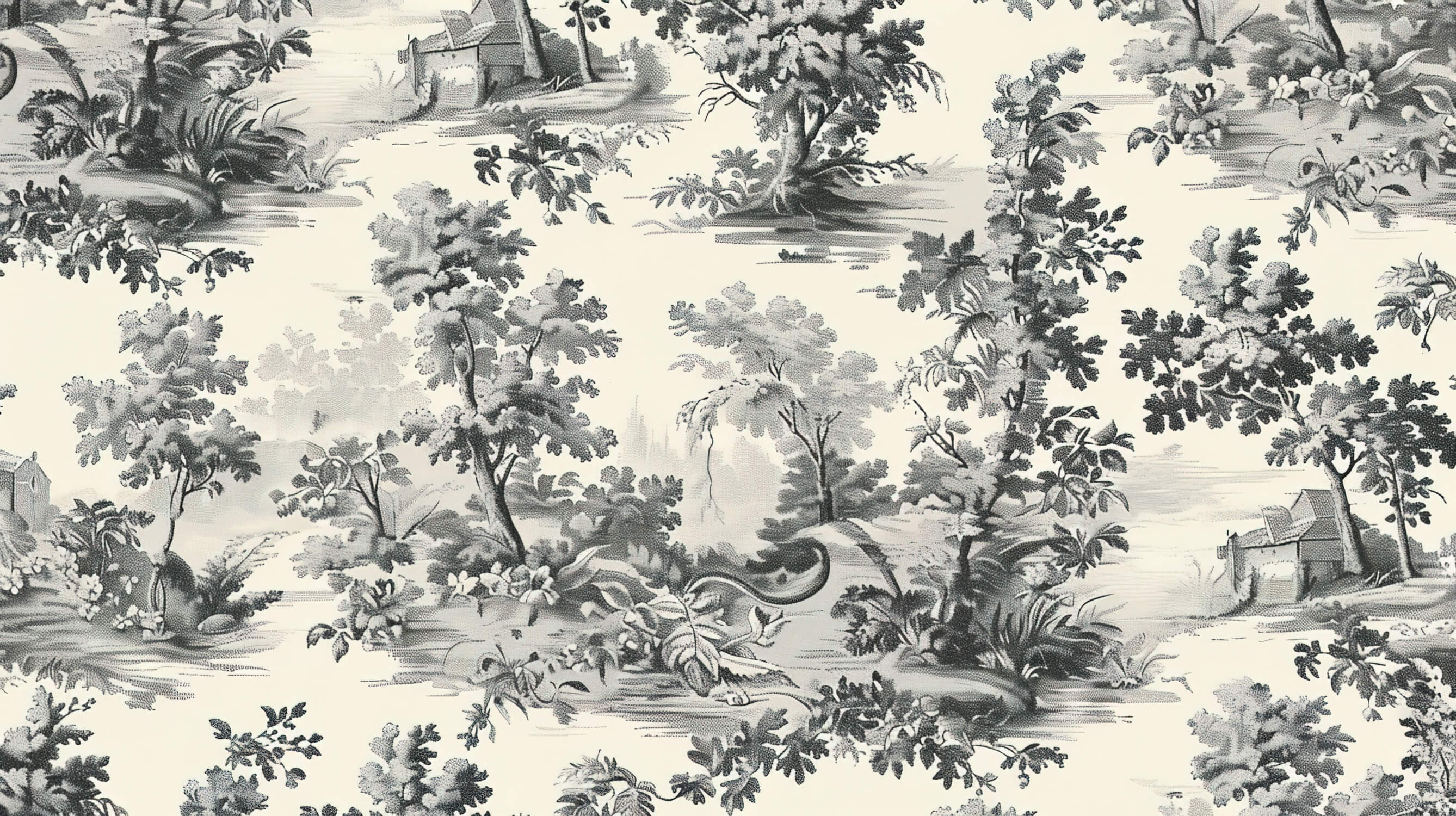 French Toile de Jouy botanical pattern design file showing detailed grey scenes