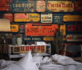 Vintage license plate wallpaper making a bold statement in modern industrial loft living room