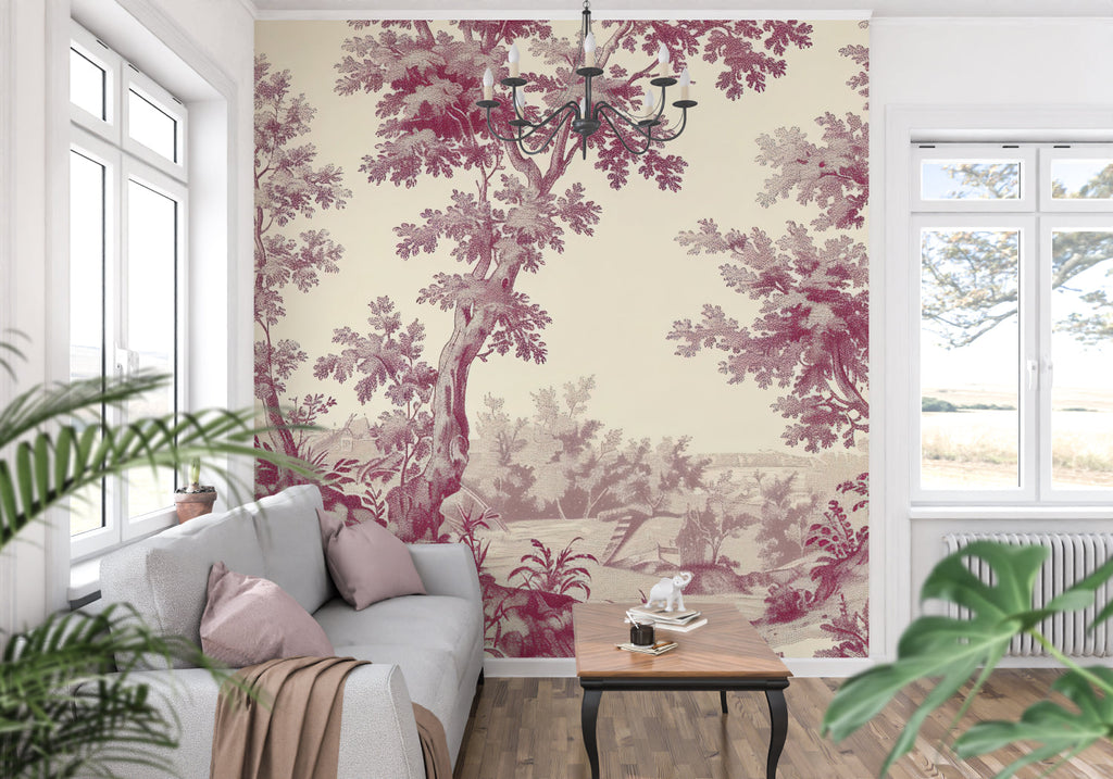 Burgundy Toile de Jouy wallpaper in an elegant dining room with classic furniture and natural light
